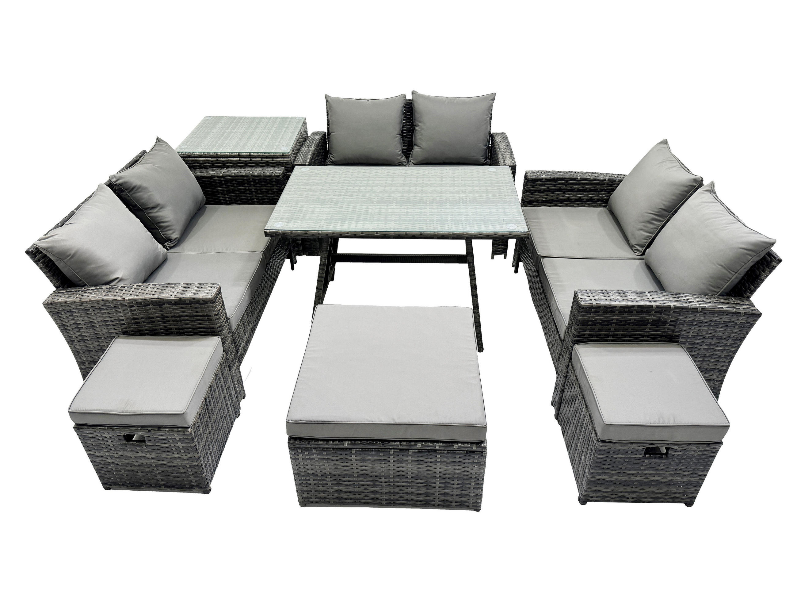GARTENMÖBELSET mit ESSTISCH,HOCHLEHNER-SOFA Polyrattan Dunkelgrauer Mix 9-Sitzer - Dunkelgrau/Grau, Glas/Kunststoff - Fimous