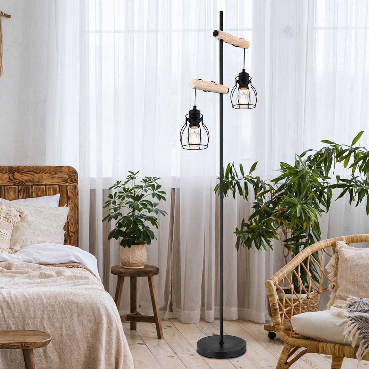 LED STEHLEUCHTE Metall Schwarz Höhenverstellbar - Schwarz, Holz (38.5/23/150cm) - Globo Lighting