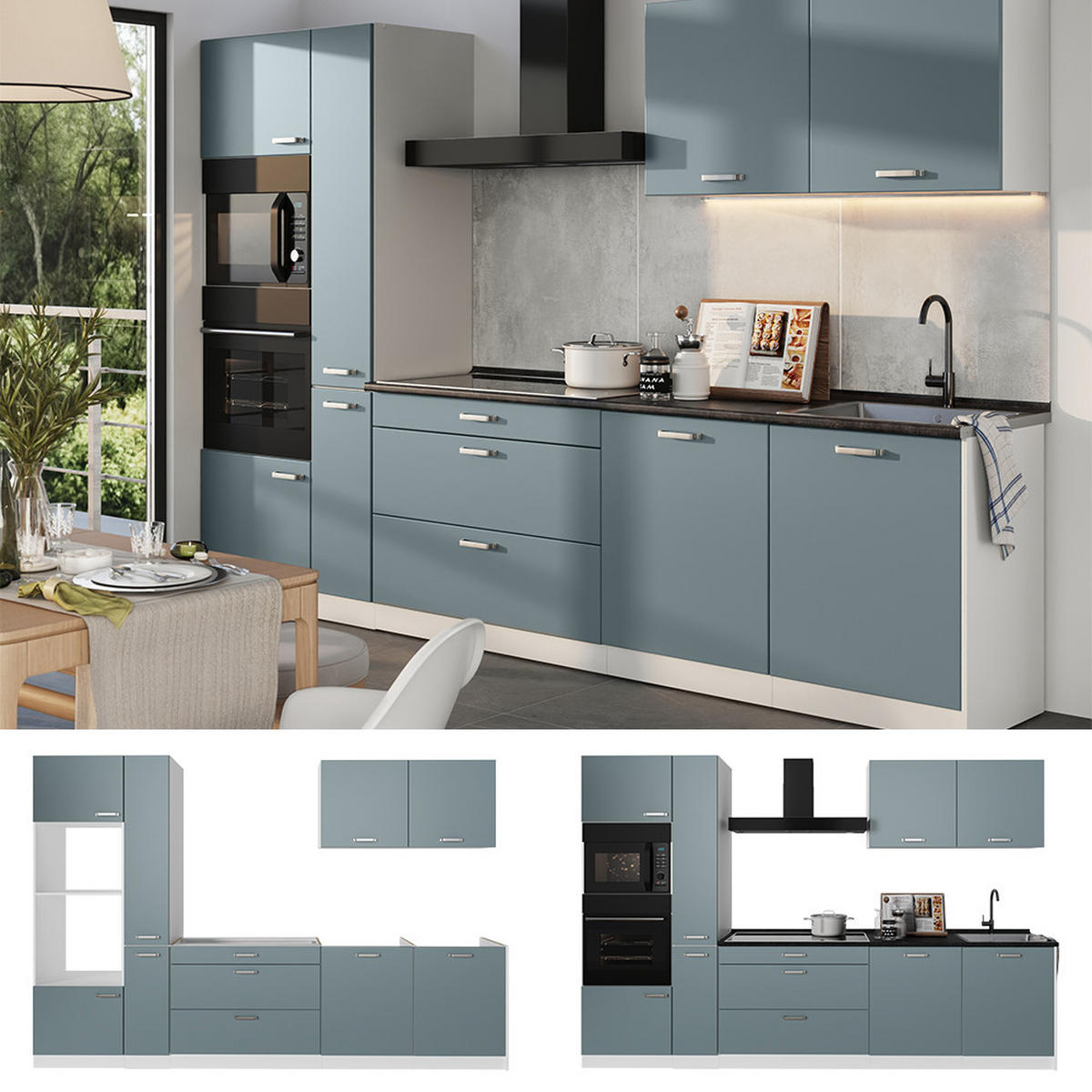 KÜCHENZEILE R-Line, Blau-Grau/Weiß, 310 cm ohne Arbeitsplatte - Blaugrau/Weiß, Holzwerkstoff (310/206.8/46cm) - Vicco