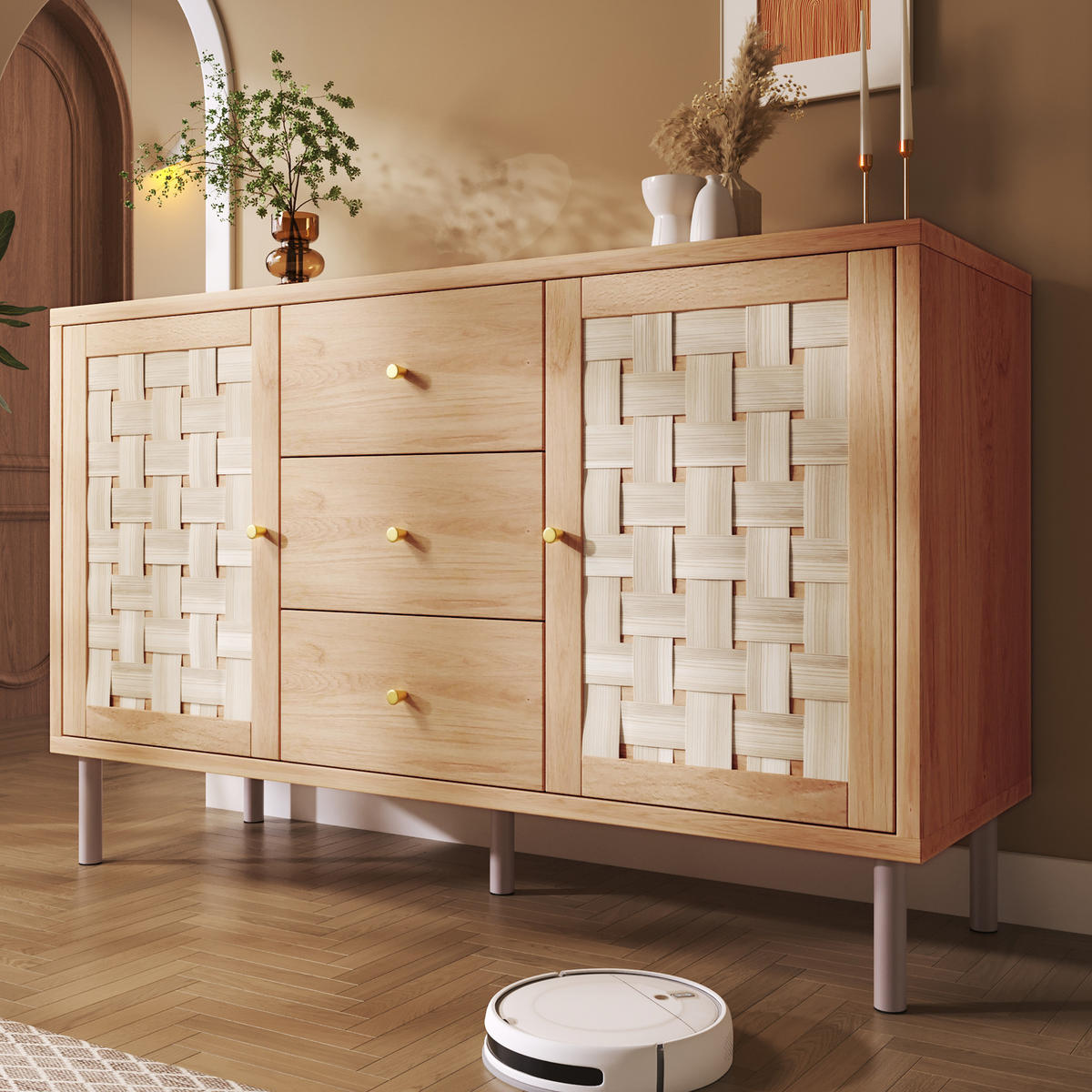 KOMMODE 120x40x75 cm Eiche mit 3 Schubladen und 2 Türen - Eichefarben, Holz (120/75/40cm) - FLIEKS