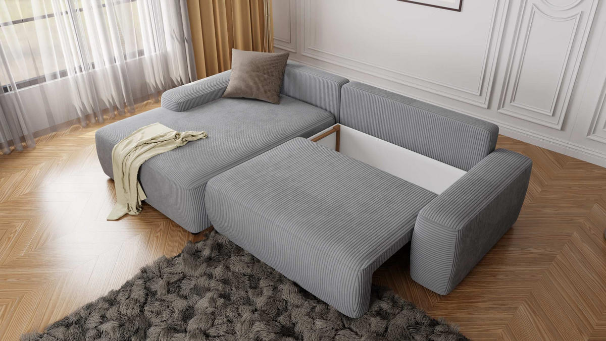 ECKSOFA Nancy Hellgrau Cord - Hellgrau/Schwarz, Holz/Kunststoff (264/162cm) - S-Style Möbel