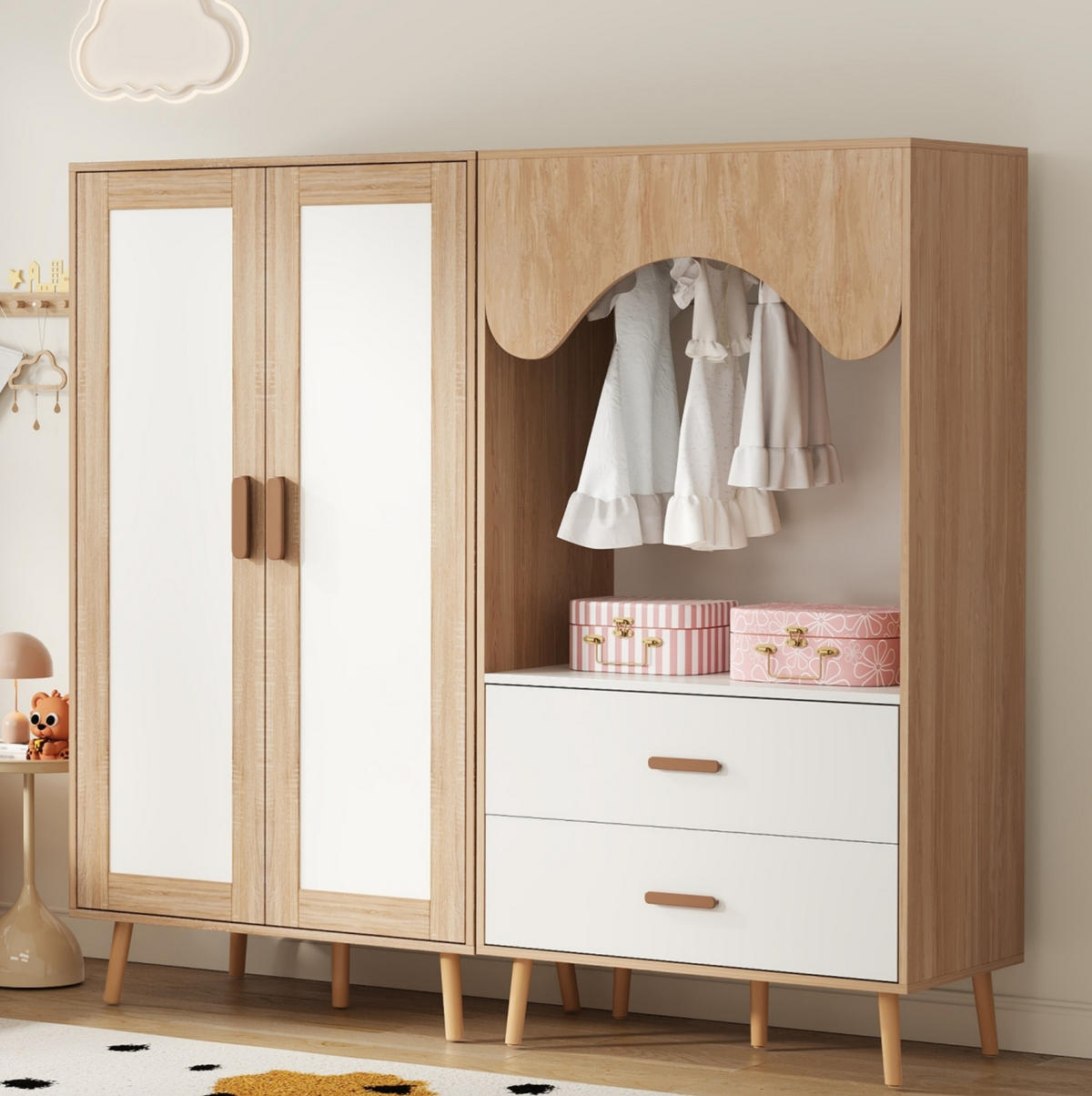 KLEIDERSCHRANK aus MDF 160x46x141,5 cm Natur/Weiß mit Kleiderstange und 2 Schubladen, flexible Aufbewahrung - Naturfarben, Holzwerkstoff (160/141.5/46cm) - Modfu