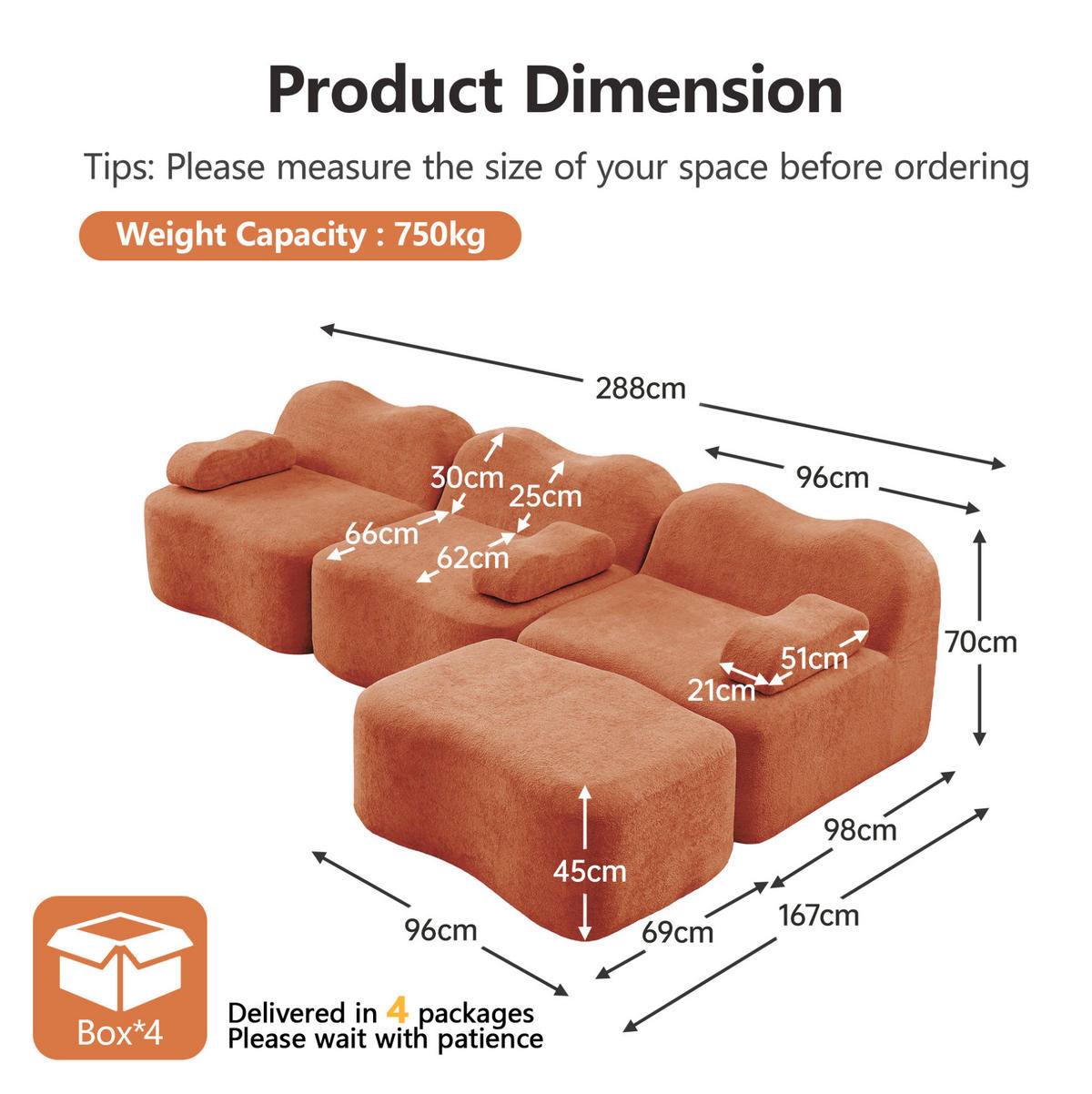 ECKSOFA 288/167/70 cm orange aus Samt mit modularer Wellenform und Ottomane - Orange, Textil (167/288cm) - OKWISH