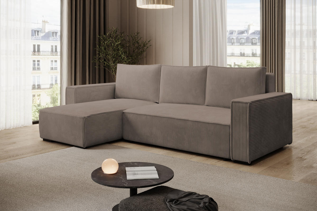 ECKSOFA CUDDY L, Eckcouch in L-Form mit Schlaffunktion und Bettkasten, Farbe: Braun, Cordstoff, Ottomane Links - Braun, Textil (240/140cm) - Storez24