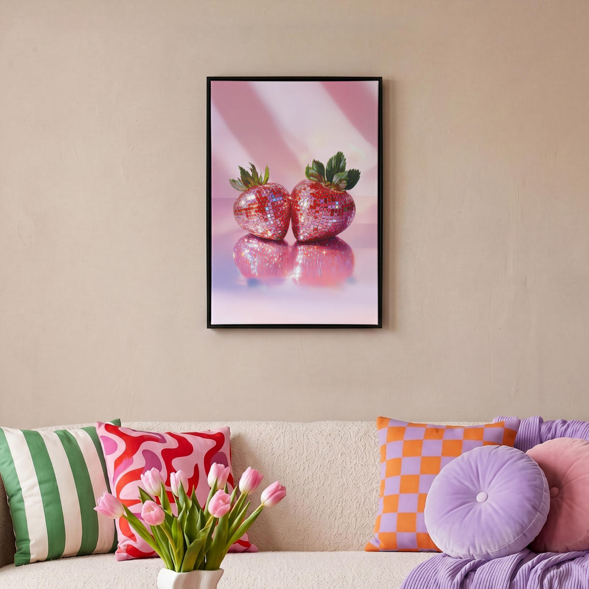 LEINWAND Bilder mit Rahmen - Disco - Obst - Glitzer - Erdbeere - 40x60 - Pink, Textil (40/60cm) - MuchoWow
