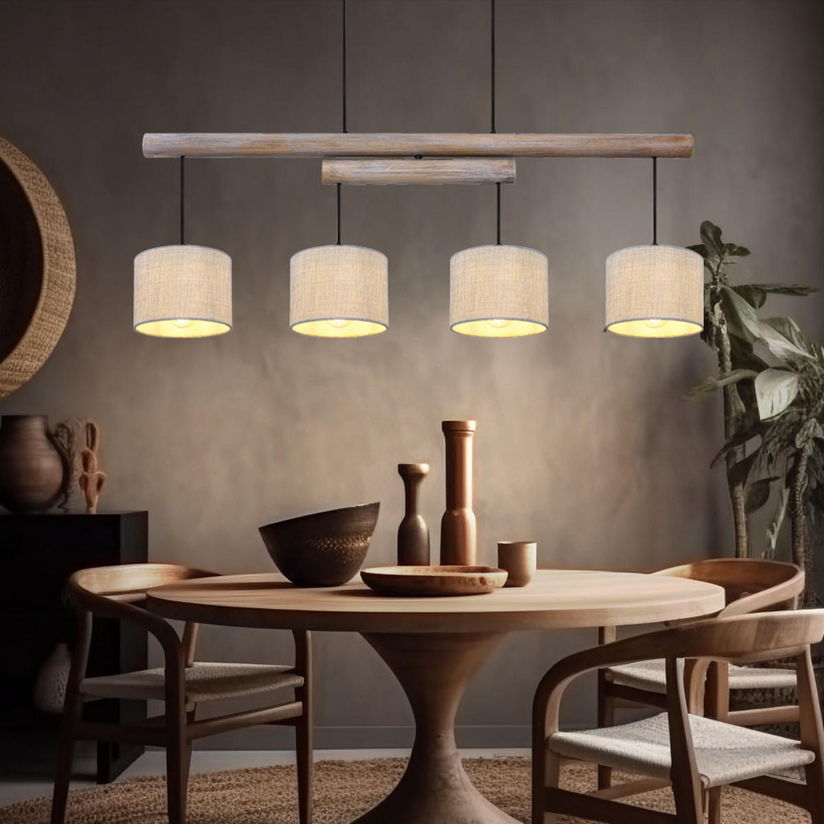 HÄNGELEUCHTE Holzoptik Beige Schwarz - Beige, Holz (113/18/120cm) - Globo Lighting