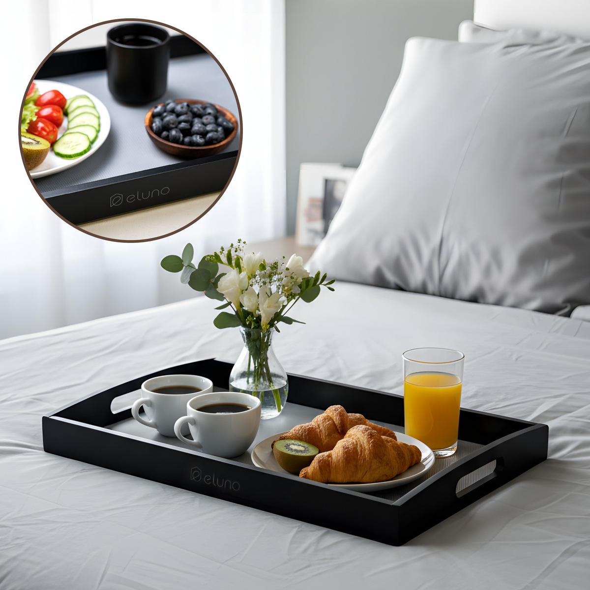 SERVIERTABLETT mit Griffmulden - Schwarz, Naturmaterialien (50/5/30cm) - eluno