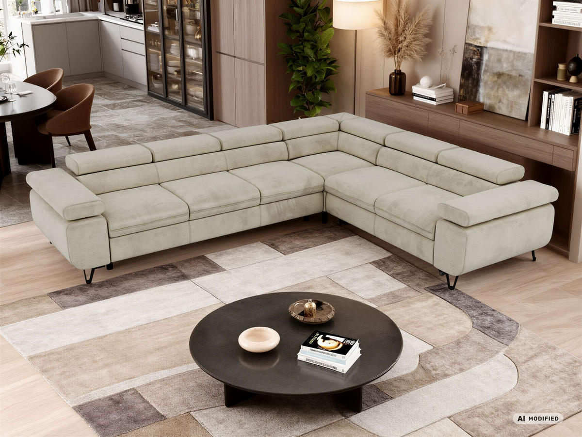 ECKSOFA NORDEN L - Beige Velvet - Links Seite - Beige/Schwarz, Textil/Metall (269/329cm) - MKS