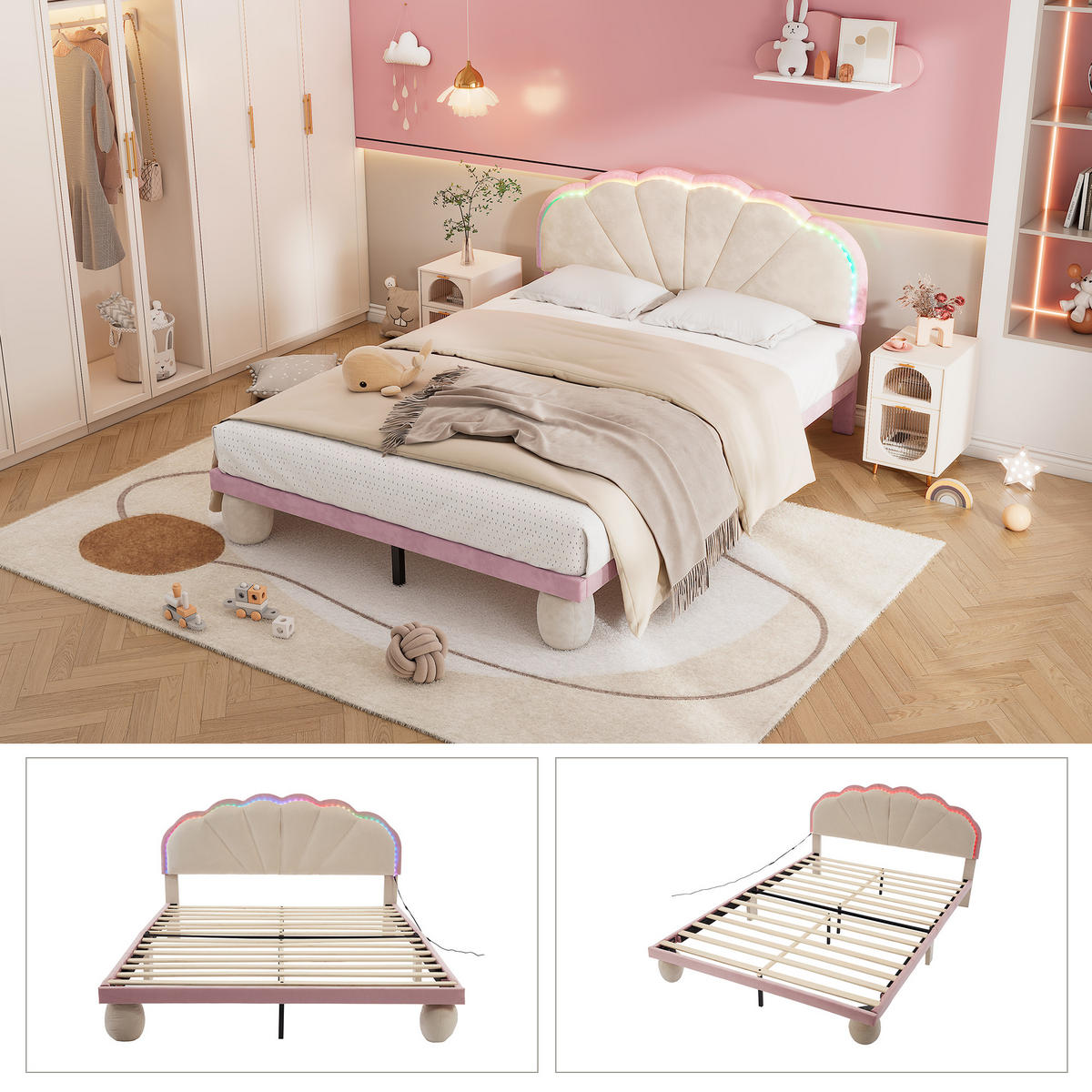 POLSTERBETT mit Kopfteil und Samtbezug Beige 140x200 cm Textil - Beige, Textil (140/200cm) - SONNENH