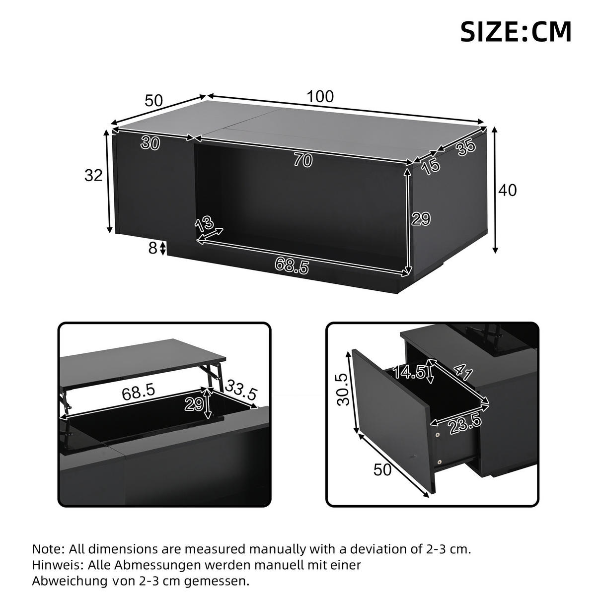 KLUB stolić, 100/50/40 cm crni, podesiv po visini s prostorom za pohranu i LED rasvjetom - crna, drvni materijal (100/50/40cm) - BEAOK