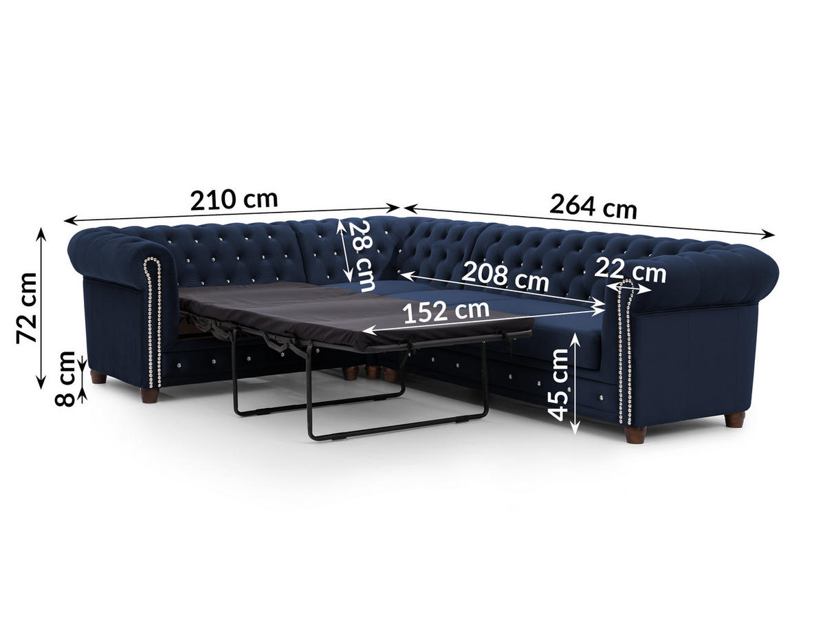 ECKSOFA mit Schlaffunktion Chesterfield Marineblau Samt mit Kristallsteppung und braunen Massivholzfüßen - Ottomane Links - Blau/Braun, Holz/Textil (264/210cm) - S-Style Möbel