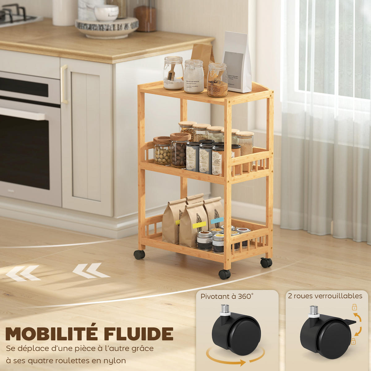 SERVIERWAGEN DE-17147 3 offene Ebenen aus Bambus Natur - Naturfarben, Naturmaterialien (30.5/83/53cm) - ComfortXL