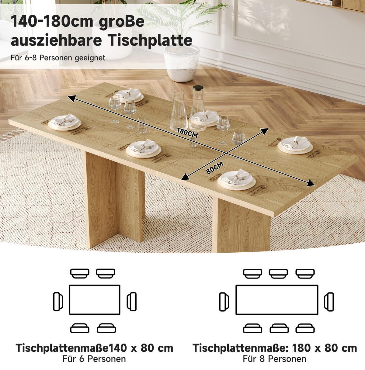 ESSTISCH 80/180/75 cm Eichefarben aus MDF mit 30 mm Tischplatte - Eichefarben, Holzwerkstoff (180/80/75cm) - OKWISH