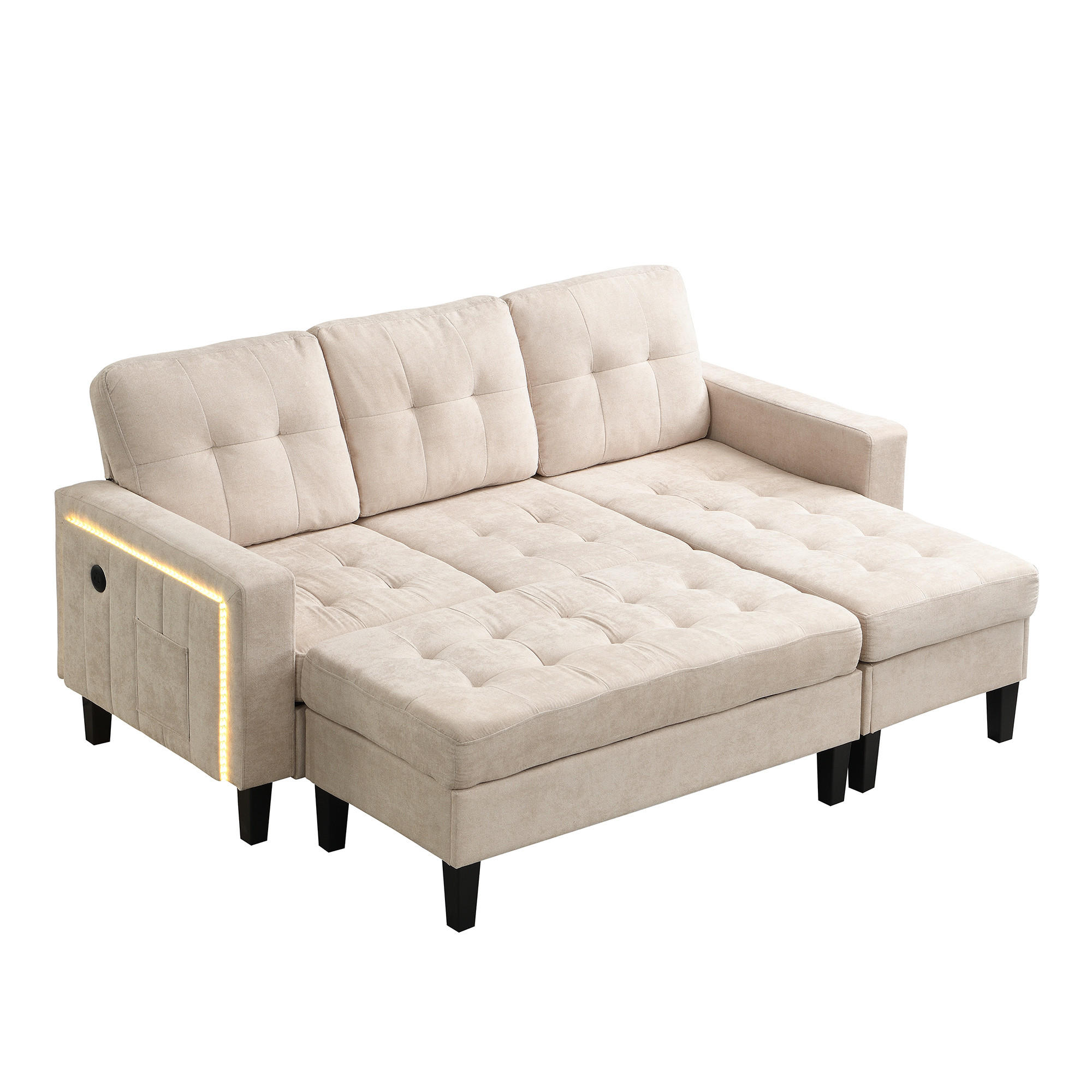 SCHLAFSOFA 185/135/85 cm Beige mit beweglicher Fußbank und LED-Ambiente-Beleuchtung - Beige, Textil (185/85/135cm) - Oxeza