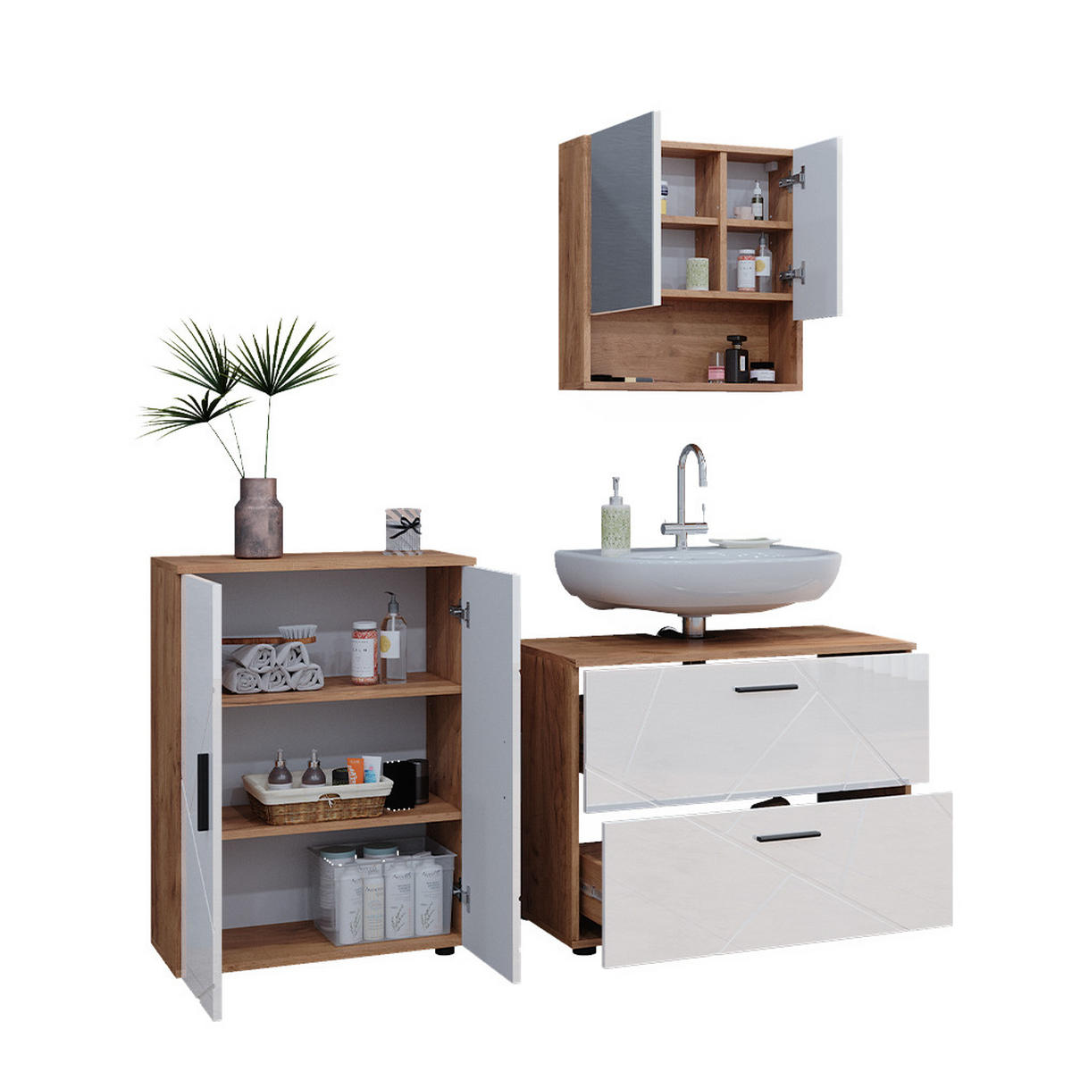 BADMÖBEL-SET Irma Weiß Hochglanz/Goldkraft Eiche 3 Teile mit Unterschrank 80 cm - Honigeiche/Weiß Hochglanz, Holzwerkstoff (80/58/41cm) - Vicco