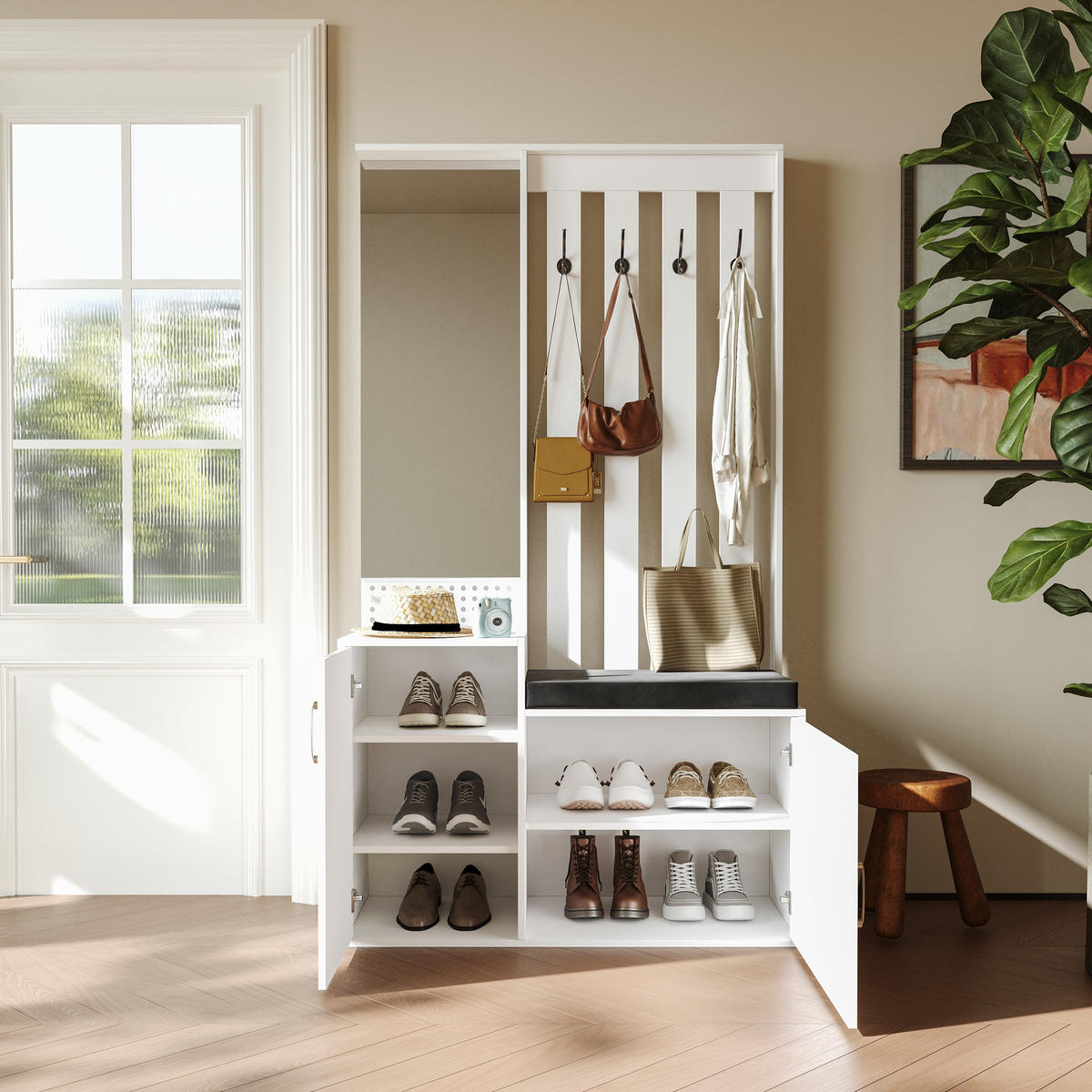 GARDEROBENSET mit Schuhbank, Wandgarderobe, Ganzkörperspiegel, Schubladen, Haken und Sitzkissen - Weiß, Holz (40/180/100cm) - PARAFTA HOME