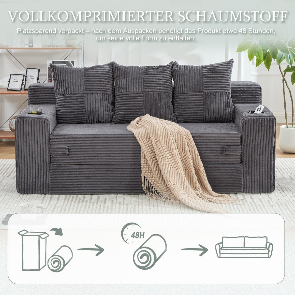 2-SITZER Bodensofa ausklappbar, Getränkehalter/Seitentaschen, Cord, Grau - Grau, Textil (172/64/87cm) - LVHOM