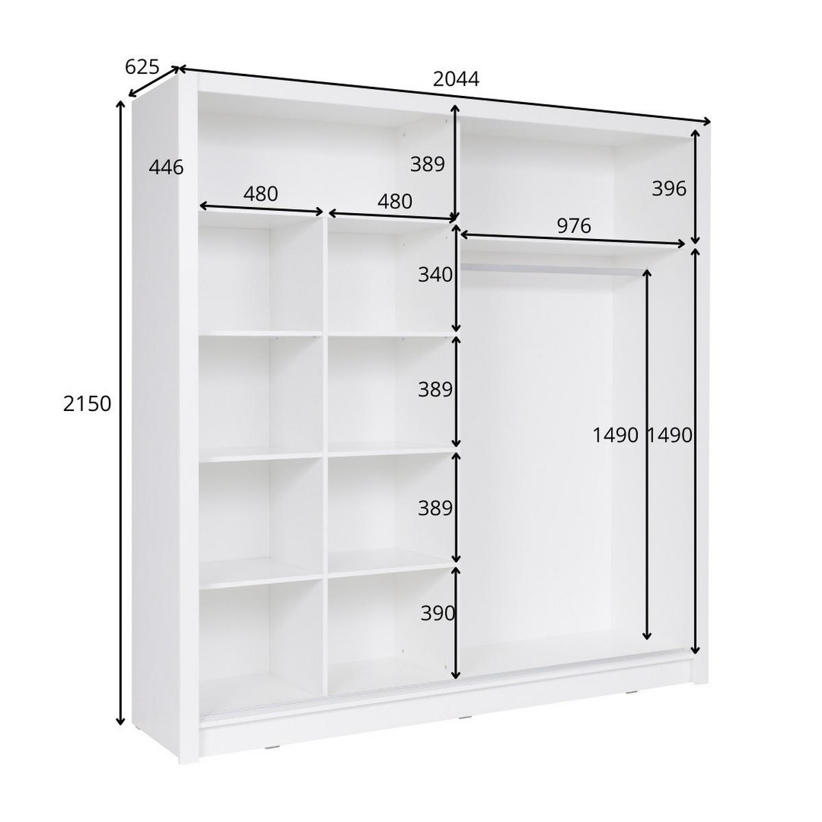 SCHWEBETÜRENSCHRANK HELDEN 204,4/215/62,5cm 2-türig Weiß - Weiß, Holzwerkstoff (204.4/215/62.5cm) - MASSENO