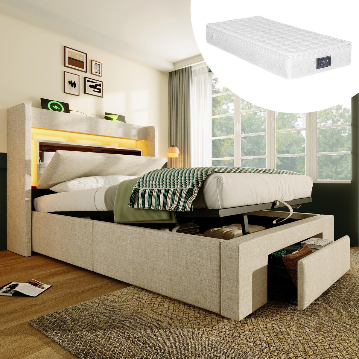 POLSTERBETT 90/200 cm Beige aus Leinen mit LED, USB und Stauraum - Beige, Textil (90/200cm) - OKMYHOME