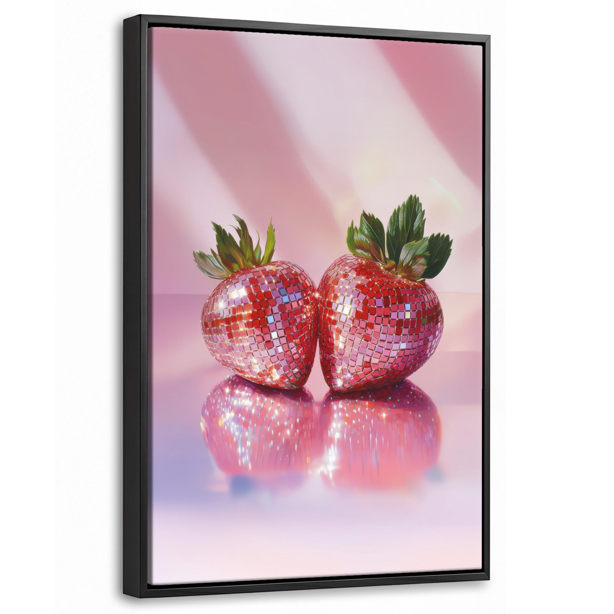 LEINWAND Bilder mit Rahmen - Disco - Obst - Glitzer - Erdbeere - 20x30 - Pink, Textil (20/30cm) - MuchoWow