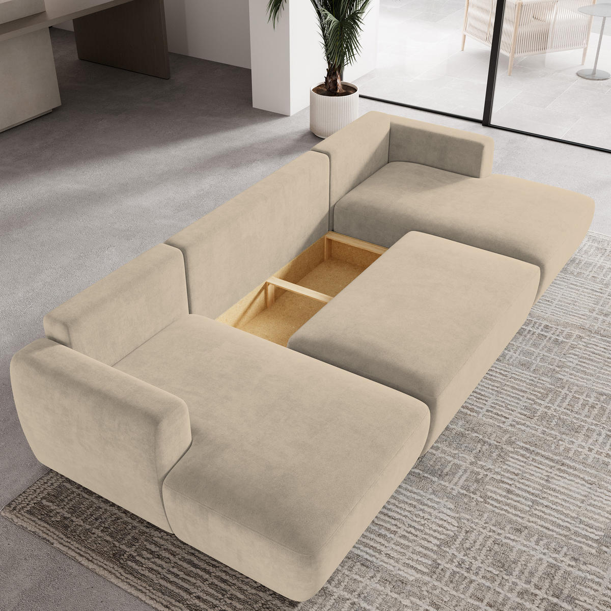 WOHNLANDSCHAFT SENTUM K Beige Plüsch-Stoff mit Schlaffunktion - Beige, Holz (330/90/148cm) - MASSENO