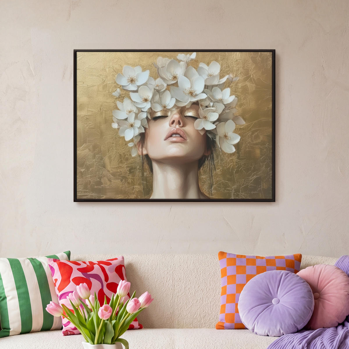 LEINWAND Bilder mit Rahmen - Gesicht - Blumen - Gold - Abstrakt - 70x50 - Goldfarben, Textil (70/50cm) - MuchoWow