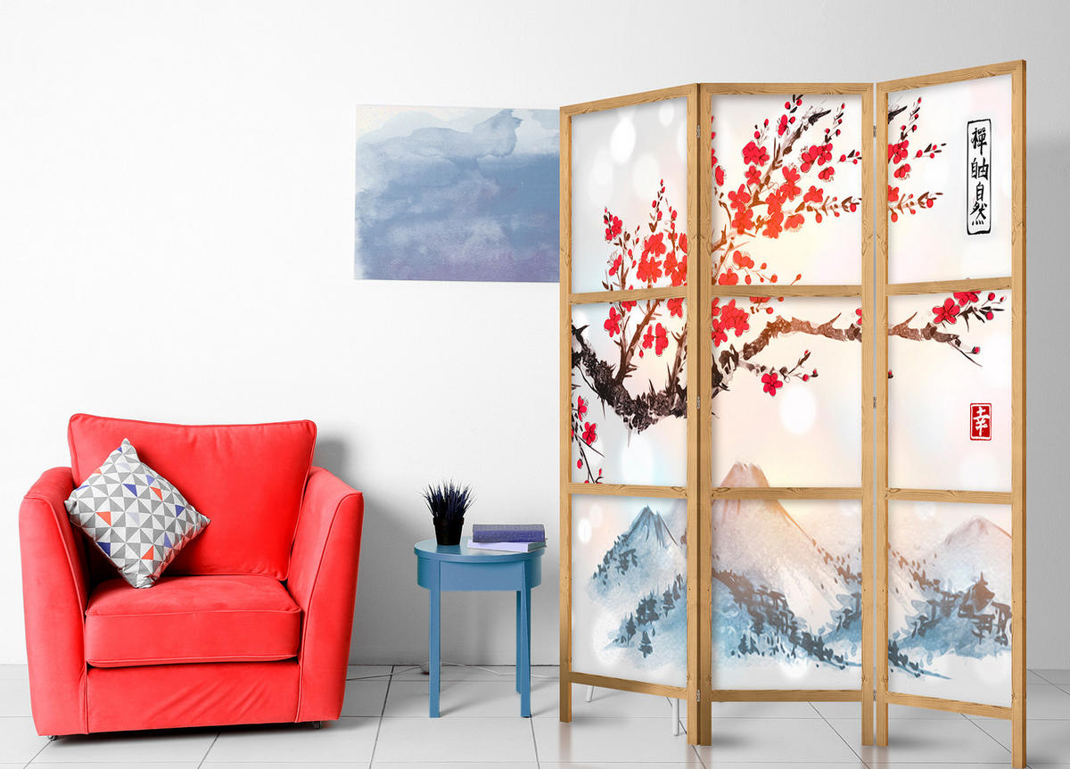PARAVENT Japanischer 3-tlg 135x172 cm Sakura Berg Fuji - Multicolor, Holz/Textil (135/172/3cm) - Muralo