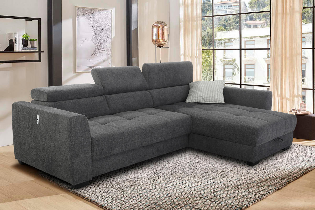 ECKSOFA mit elektrischer Sitztiefenverstellung, Kopflehnen verstellbar, USB-Ladefunktion, Bettkasten B300/T196/H103 cm, Chenille Dunkelgrau / 15409 - Dunkelgrau/Schwarz, Kunststoff/Textil (300/196cm) - luma-home