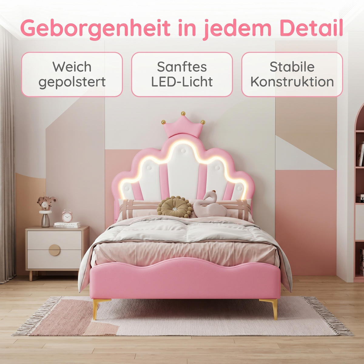 KINDERBETT 90 x 200 cm mit LED-Beleuchtung und höhenverstellbarem Kopfteil - Goldfarben/Rosa, Leder/Holz (90/200cm) - PARAFTA HOME