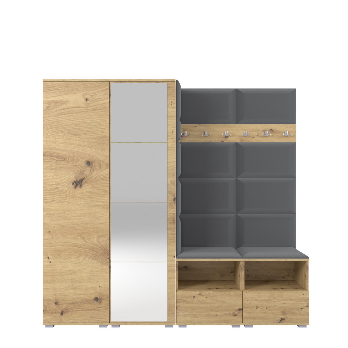 GARDEROBE NELA VI 200 cm (Modulare Flurmöbel Artisan Eiche mit Spiegel & Sitzpolster Dunkelgrau 15 Universell) - Dunkelgrau/Silberfarben, Holz/Holzwerkstoff (200/187/40cm) - Ravio