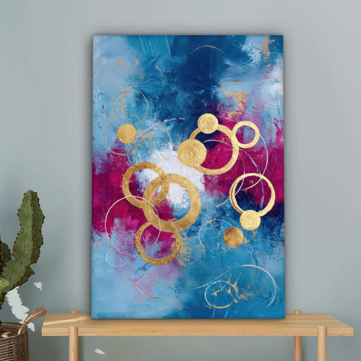 LEINWANDBILD Kreise - Gold - Abstrakt Wanddeko Schlafzimmer 60x90 cm - Blau, Textil (60/90cm) - MuchoWow