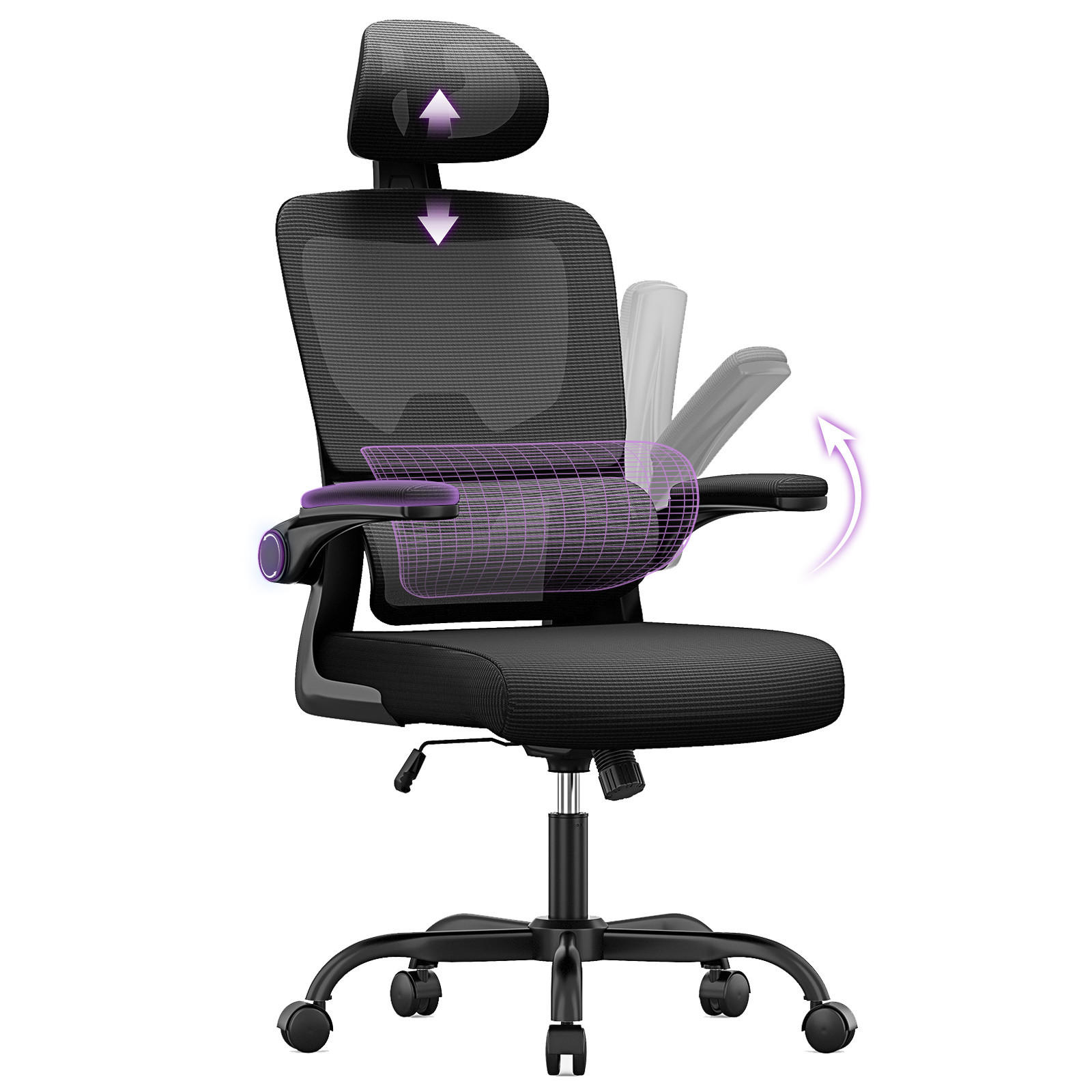 BÜROSTUHL Schwarz ergonomisch mit klappbaren Armlehnen - Schwarz, Metall (25/52.5/65cm) - Rattrix