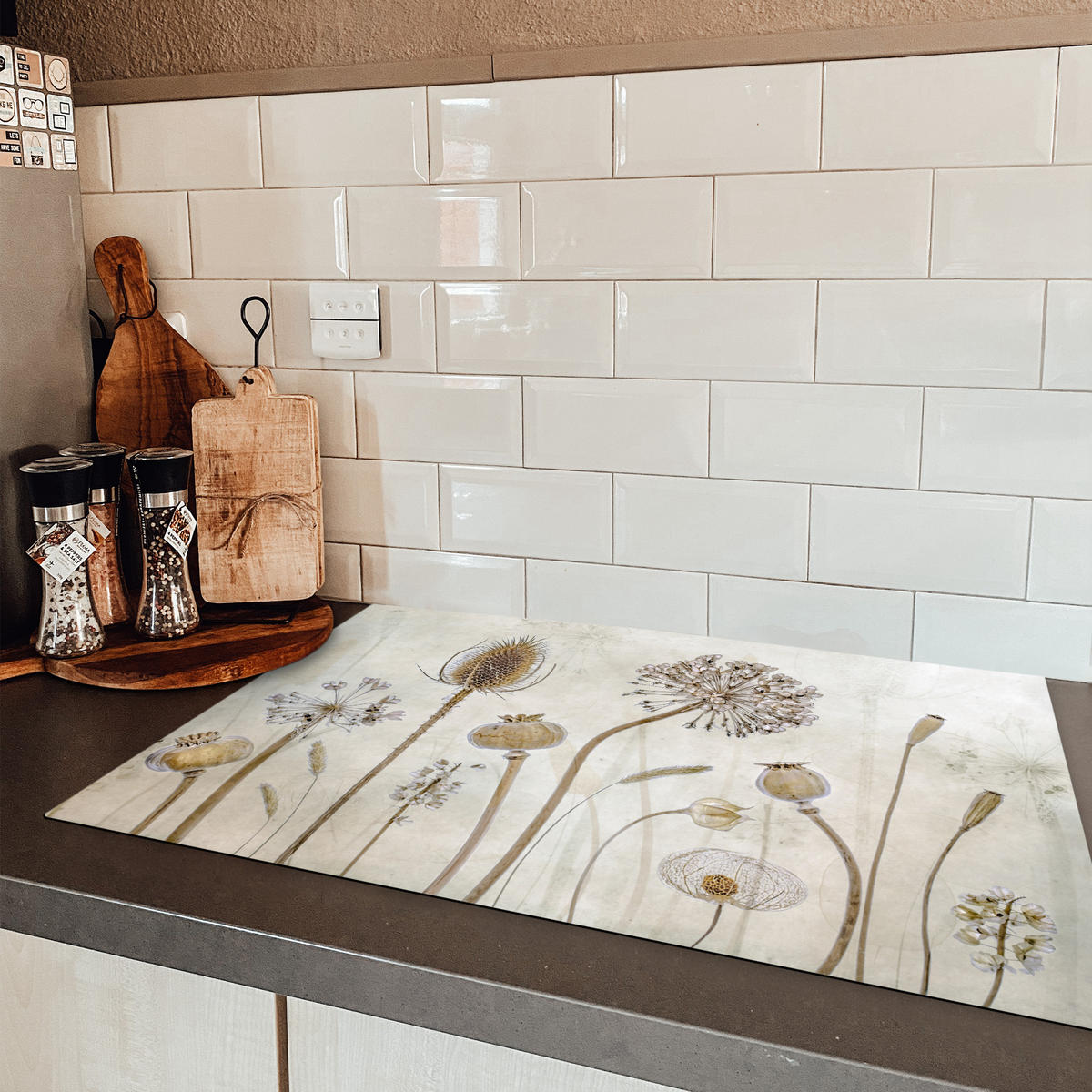 HERDABDECKPLATTE Blumen - Aquarell - Stilleben - Braun - Vintage Induktionsschutz 80x52.2 cm - Sandfarben, Kunststoff (80.2/52.2/0.2cm) - MuchoWow