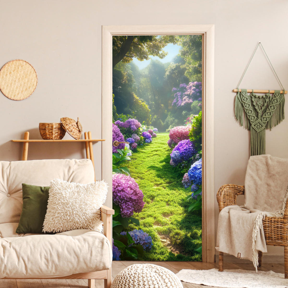 FOTOTAPETE Tür - Natur - Hortensie - Blumen - Grün 80x205 cm - Hellgrün, Kunststoff (80/0.1cm) - MuchoWow