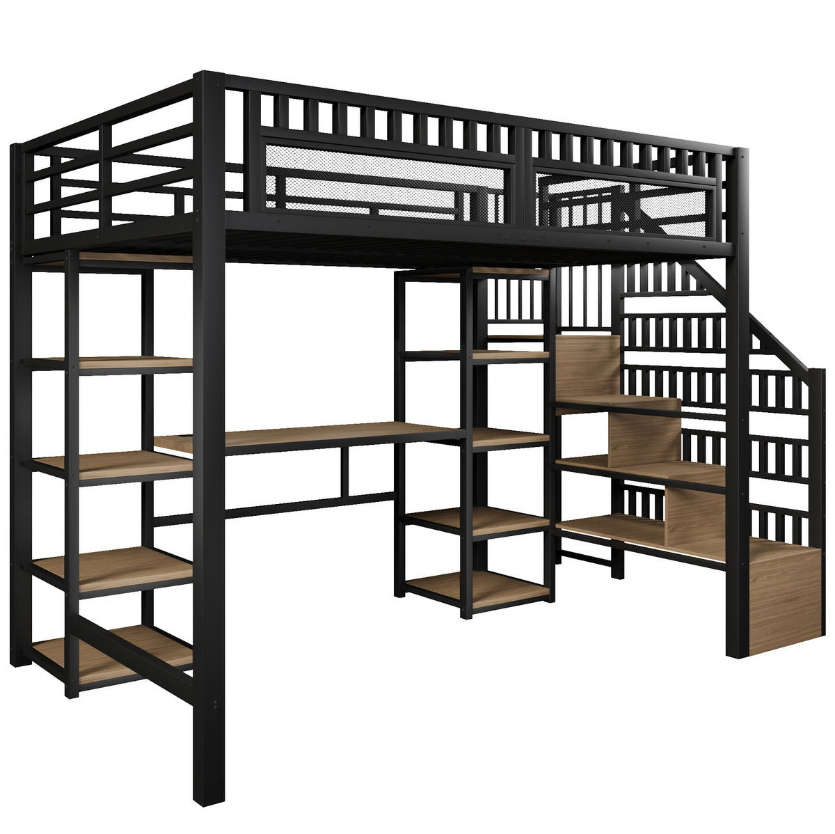 HOCHBETT 140/200 cm aus Metall und MDF mit Schreibtisch, LED-Lichtleiste, USB und Leiter mit Stauraum, Schwarz - Schwarz, Holzwerkstoff (140/200cm) - Redom