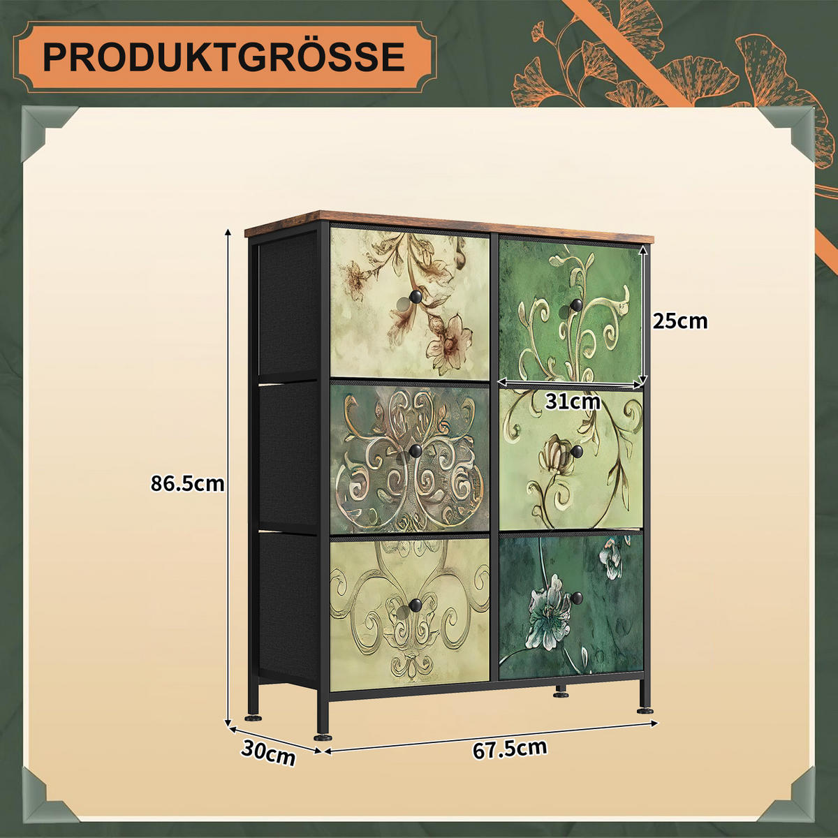 KOMMODE mit 6 Stoffschubladen, Sideboard für Küche, Büro, Flur - Multicolor, Holz (30/86.5/67.5cm)