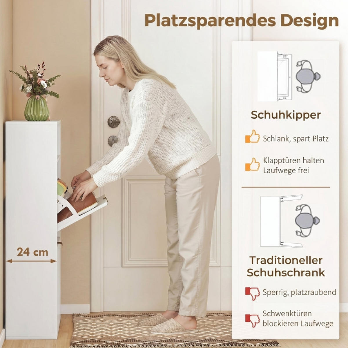 SCHUHKIPPER DE-38049 80/24/102,5 cm mit 2 Klappfächern und Ablagefläche Weiß - Weiß, Holzwerkstoff (80/102.5/24cm) - ComfortXL