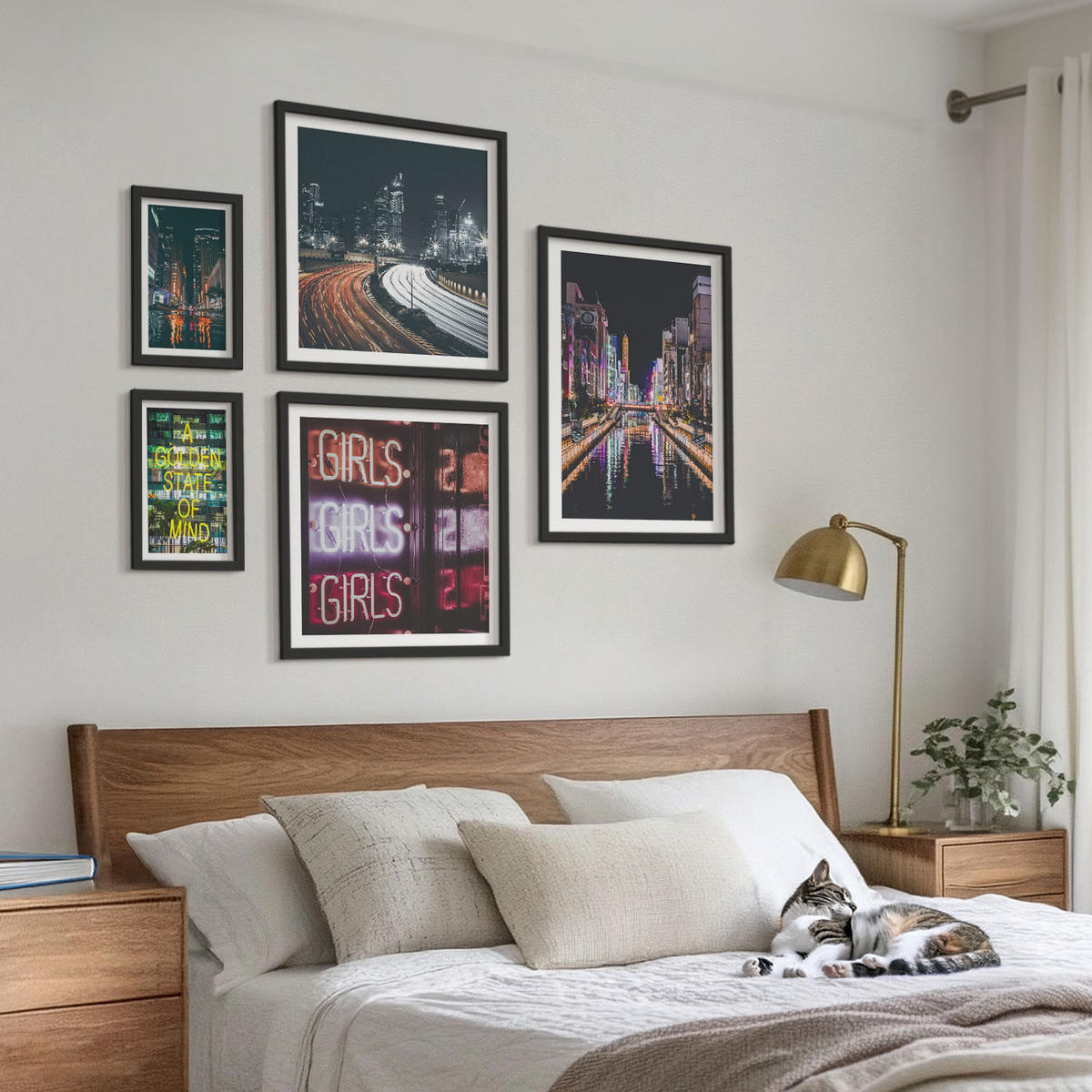 BILDER SET 5er Set - 50x50 cm & 20x30 cm & 40x60 cm Schwarzer Rahmen - Neonreklamen in der Stadt bei Nacht - Schwarz, Kunststoff (40/60cm) - TULUP