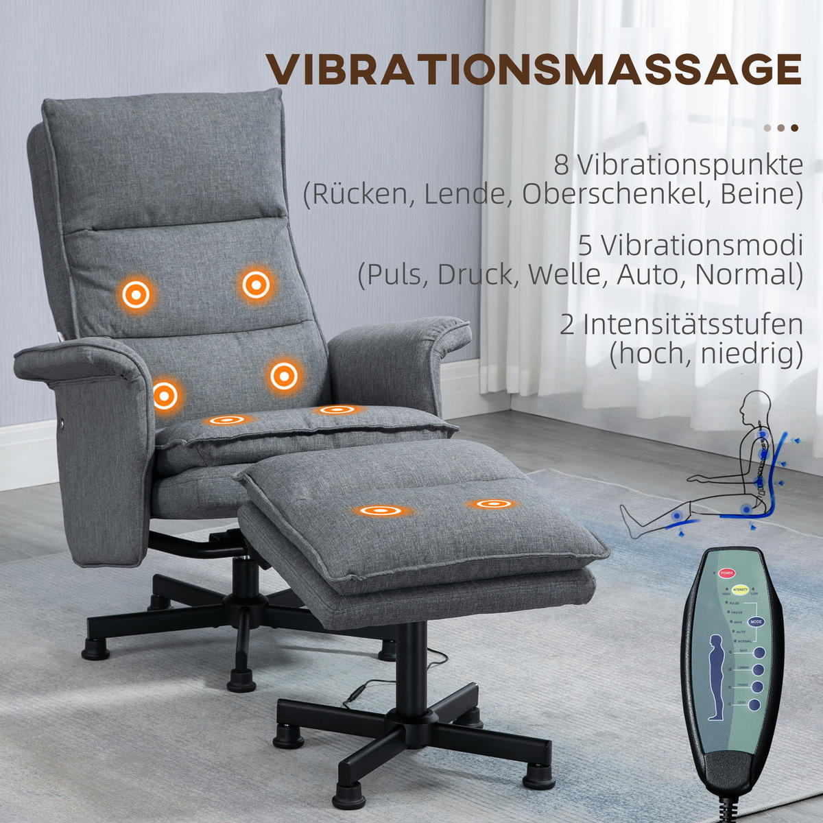 MASSAGESESSEL mit Fußhocker, Grau - Grau, Kunststoff (93/99/78cm) - HOMCOM