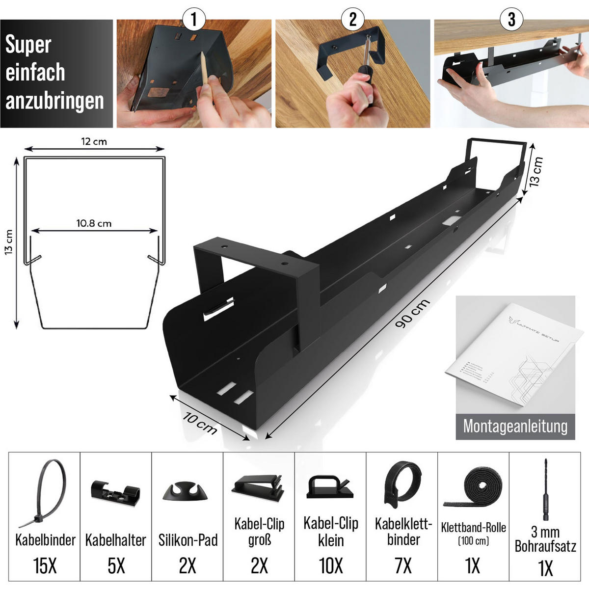 KABELWANNE Schreibtisch - Kabelmanagement, schwarz - Schwarz, Metall (90/10.8/13cm) - Ultimate Setup