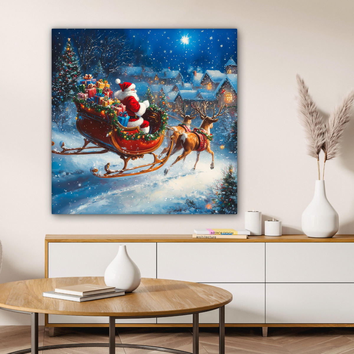 LEINWANDBILD Weihnachtsmann - Rentier - Weihnachten - Schnee 90x90 cm - Cognac, Textil (90/90cm) - MuchoWow