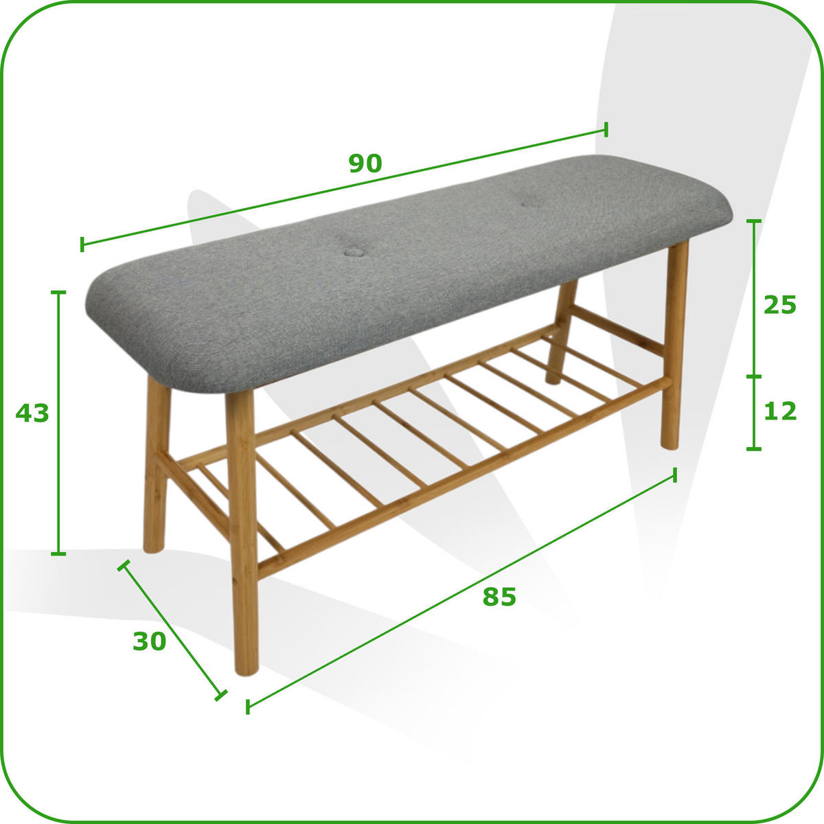 SCHUHBANK Bambus Grau Naturfarbe mit Stoffpolster & Ablage 90/30/43 cm - Grau, Holz/Textil (90/43/30cm) - Begryf