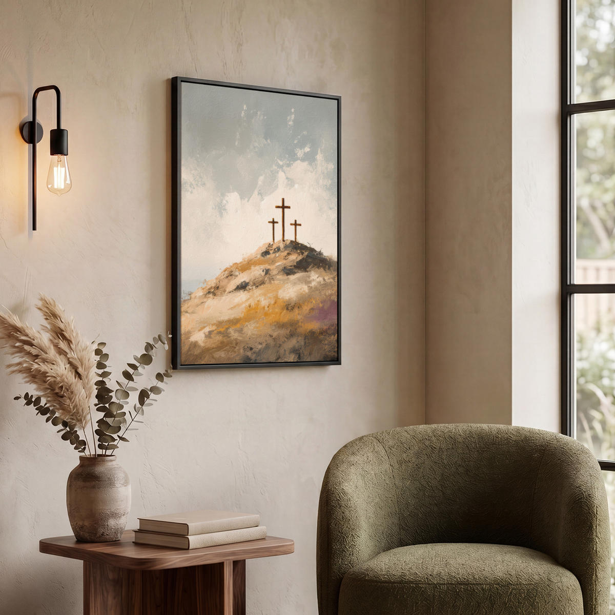 LEINWAND Bilder mit Rahmen - Hügel - Abstrakt - Christentum - Kreuz - 60x80 - Hellgrau, Textil (60/80cm) - MuchoWow