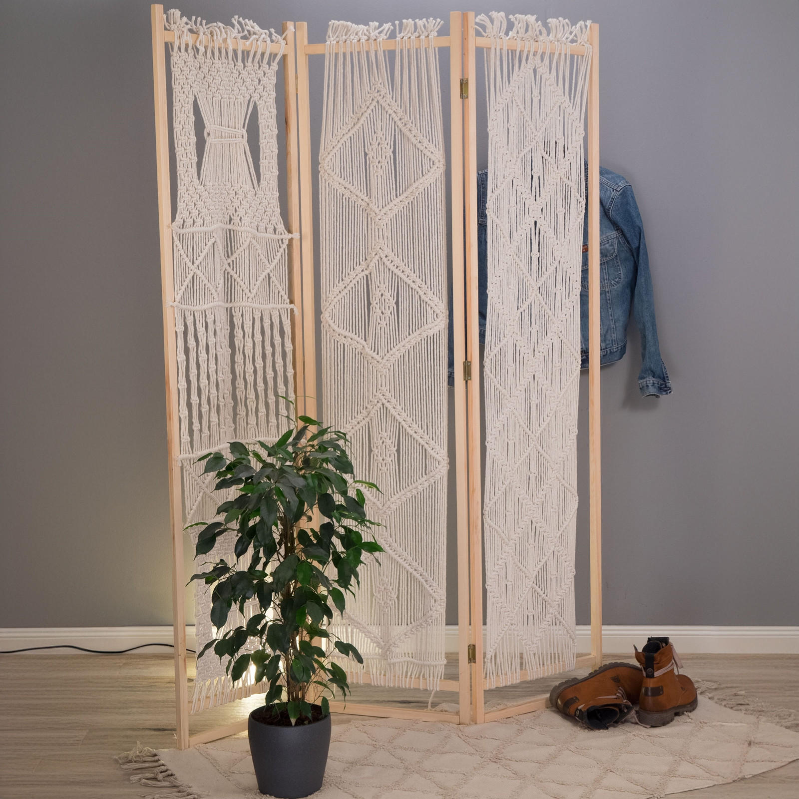 RAUMTEILER Boho 3-tlg. 166x123 cm, mit Makramee-Knüpfung naturfarben - Naturfarben, Holz (123/166/2cm) - CREEDWOOD