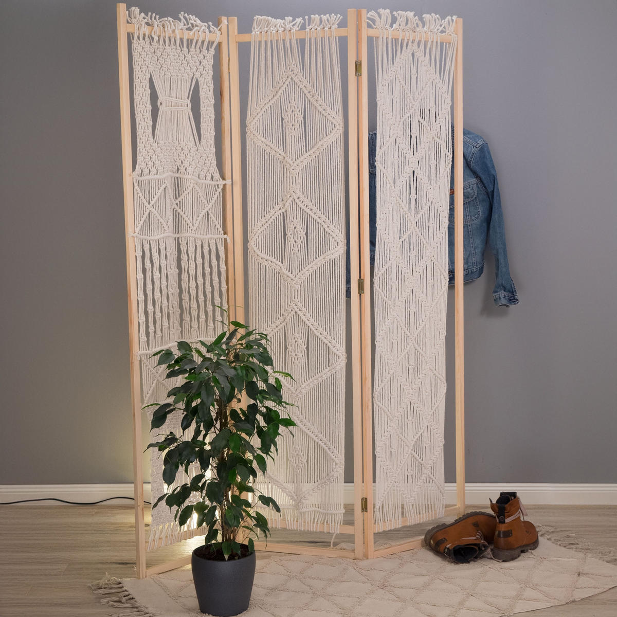 RAUMTEILER Boho 3-tlg. 166x123 cm, mit Makramee-Knüpfung naturfarben - Naturfarben, Holz (123/166/2cm) - CREEDWOOD