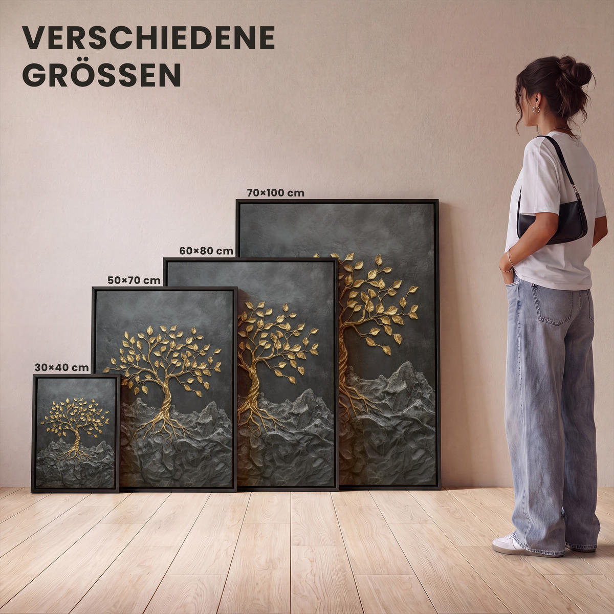 LEINWAND Bilder mit Rahmen - Blätter - Gold - Baum - Fels - 60x80 - Schwarz, Textil (60/80cm) - MuchoWow