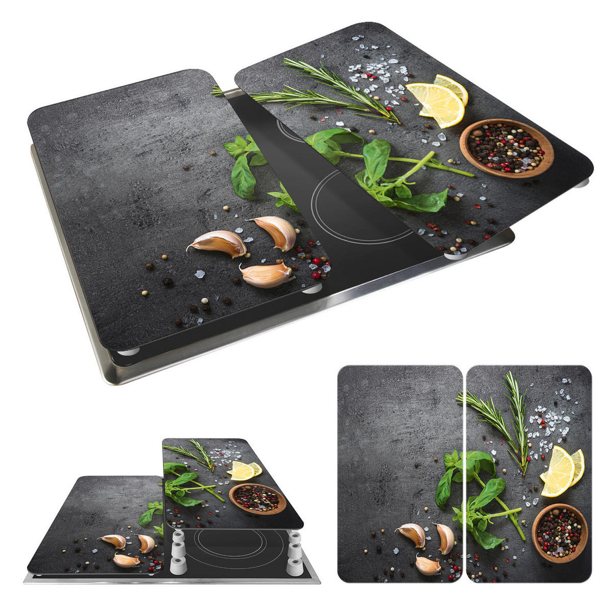 HERDABDECKPLATTEN 2er-Set Herbs - Schwarz, Glas (30/5.5/52cm) - Wenko