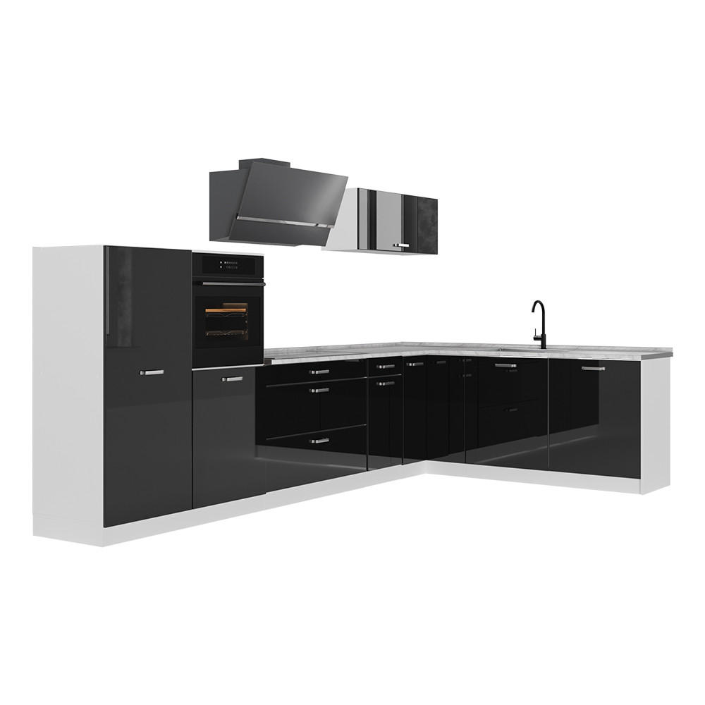 Vicco Eckküche Schwarz Hochglanz, Weiß 347x143x46 cm
