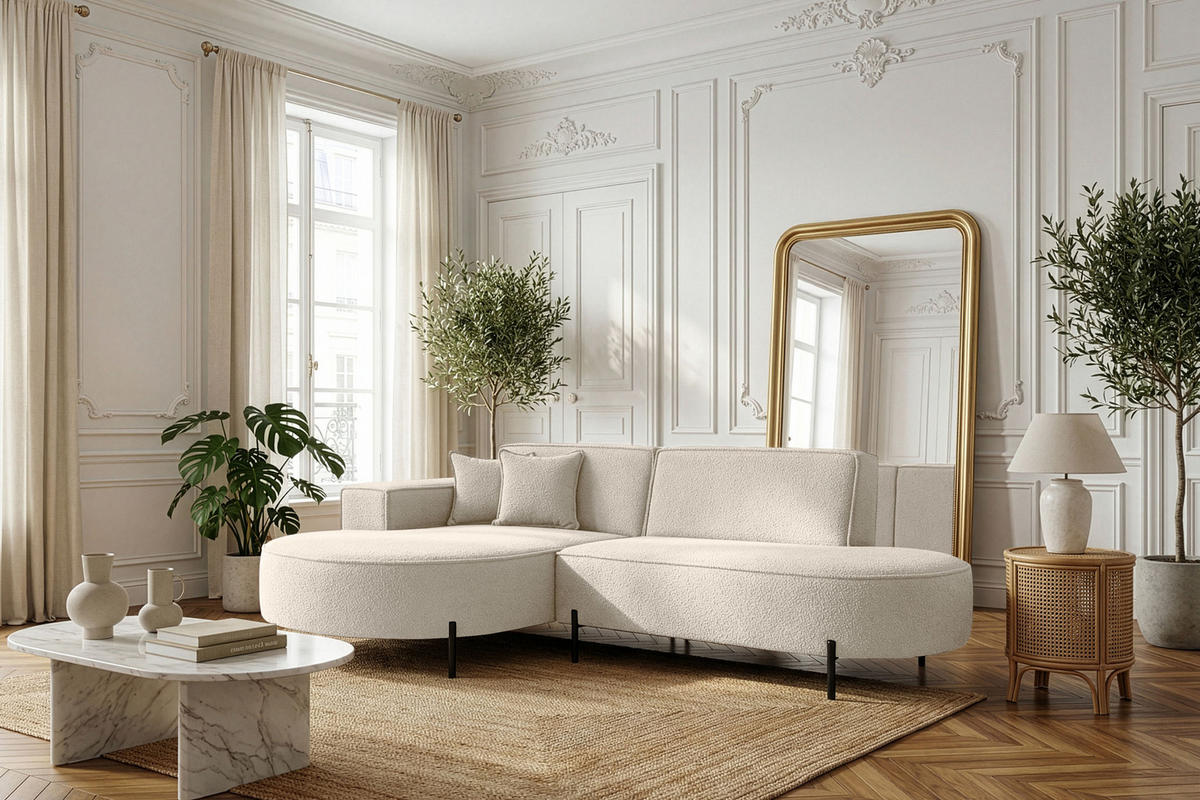 ECKSOFA Hana Loft 3-Sitzer Ecke Links, Boucle, Creme 241/80/168 cm - Schwarz/Weiß, Textil/Metall (241/168cm) - WFL GROUP