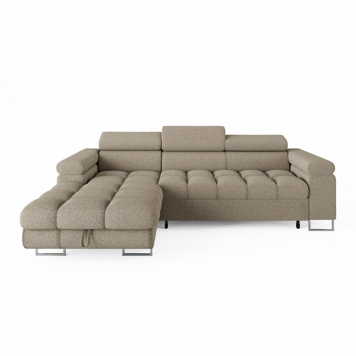 ECKSOFA CLOUD Links Dunkelbraun L-Form Bouclé-Stoff mit Schlaffunktion und Bettkasten - Chromfarben/Dunkelbraun, Holz/Metall (235/275cm) - Barchello